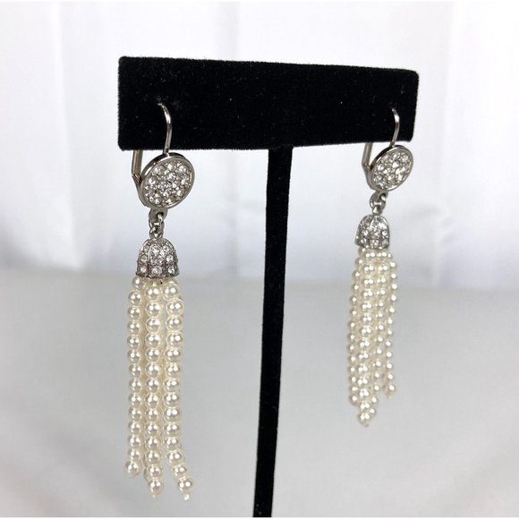 Faux Pearl Drop Dangle Pave Stones Pierced Earrings Lever Back Closure - Picture 3 of 7